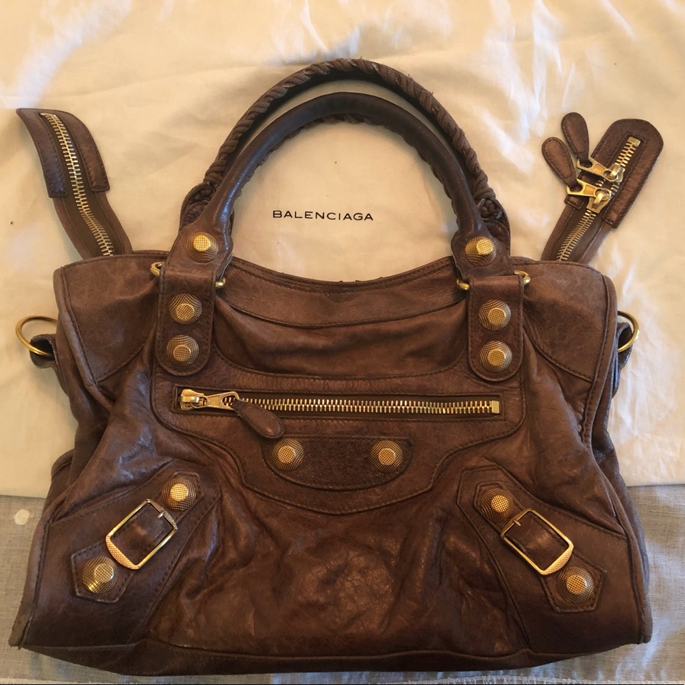 Balenciaga Brown Satchel with Gold Accents